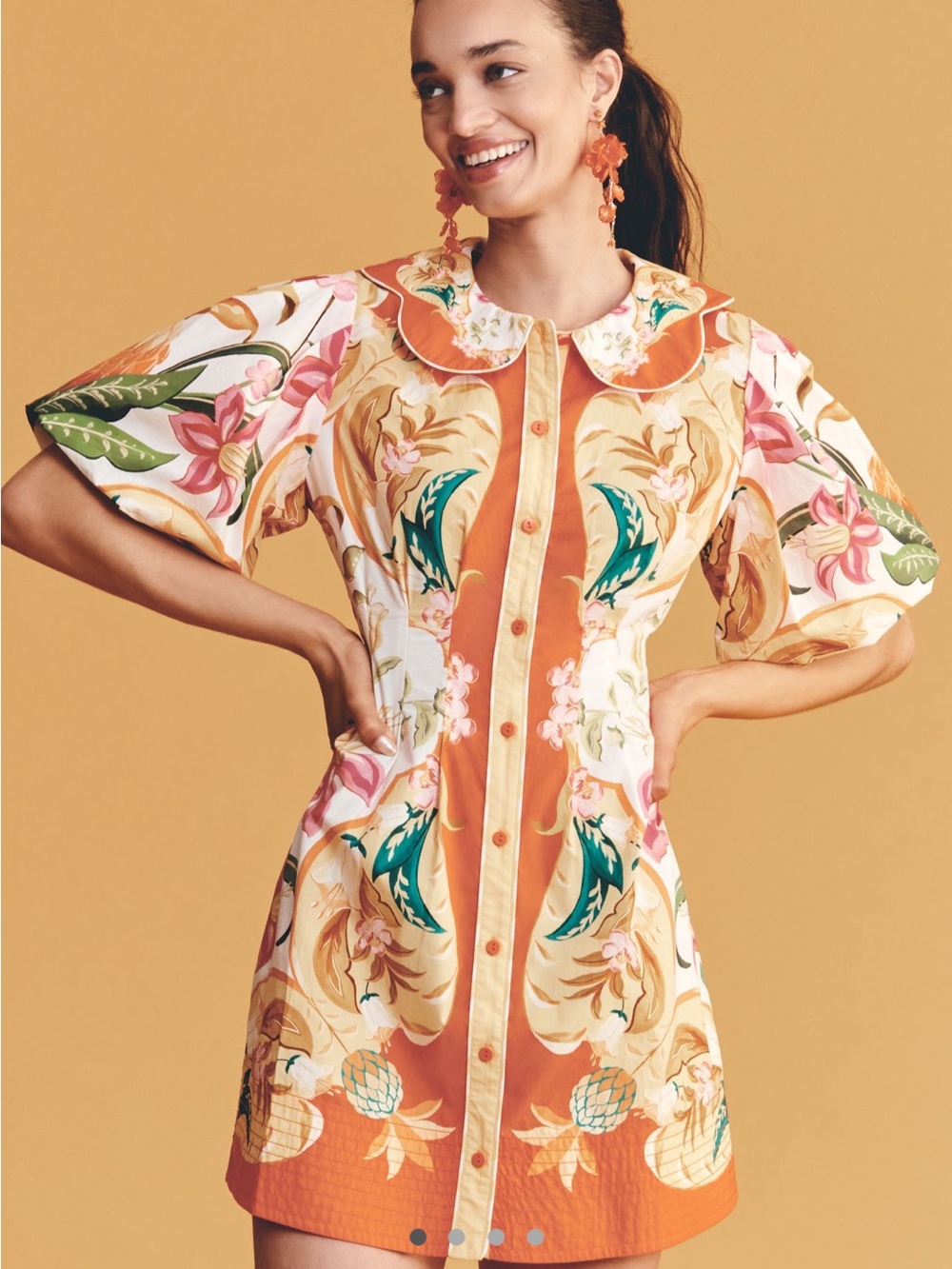 NWT Farm Rio Anthropologie Coral and Cream Floral Button-Front Mini Dress - Picture 2 of 7